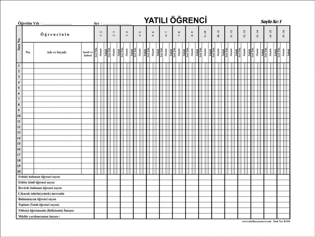 Yatılı Öğrenci Yoklama Defteri