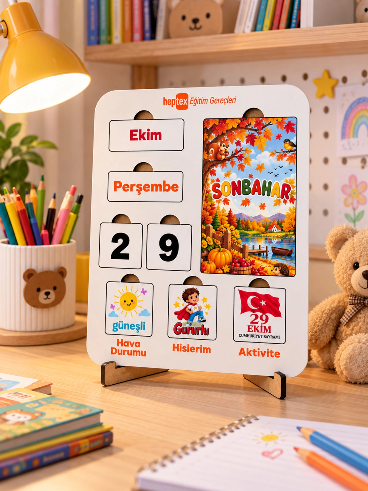 Ahşap Eğitici Takvim Panosu – Günler, Aylar, Tarihler ve Duygu Durumu
