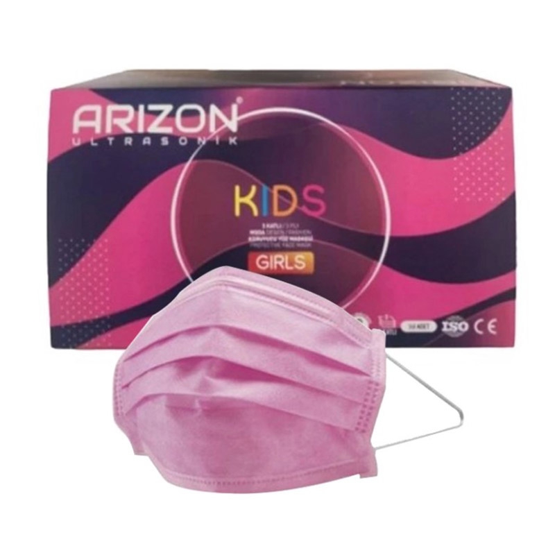 Arizon Ultrasonik Kids Burun Telli 3 Katlı Koruyucu Çocuk Yüz Maskesi 50 Adet Pembe