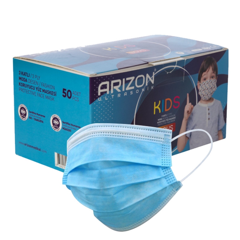 Arizon Ultrasonik Kids Burun Telli 3 Katlı Koruyucu Çocuk Yüz Maskesi 50 Adet Beyaz