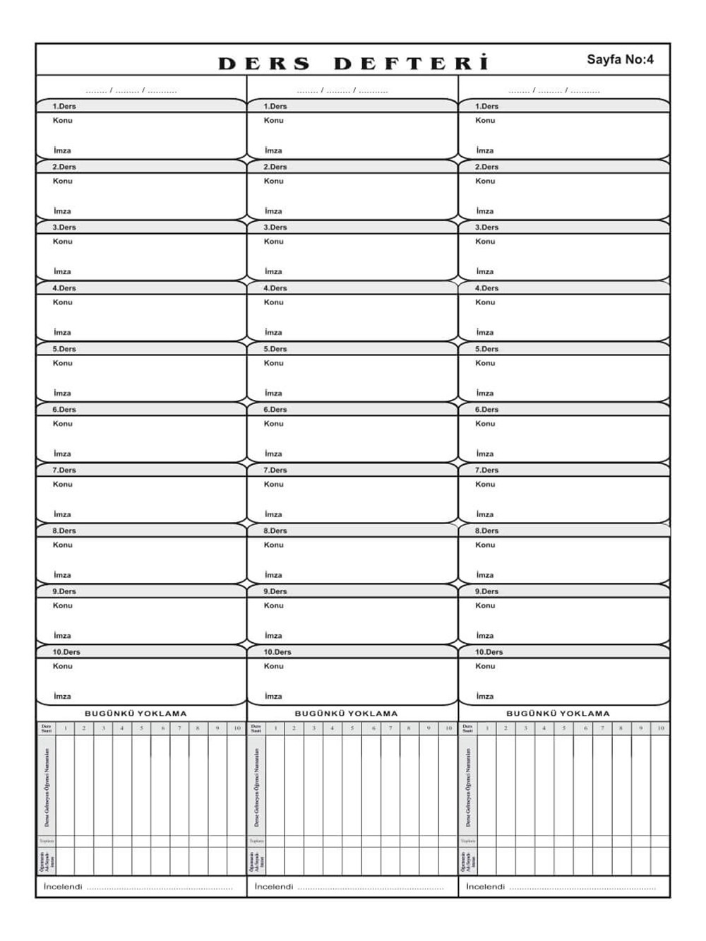 Ders Defteri - 10 Derslik Haftalık Yoklama Fişli