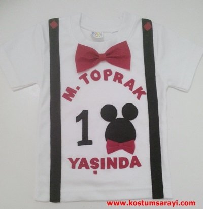 Mickey Mouse Keçe Aplikeli Doğum Günü Temalı Tişört