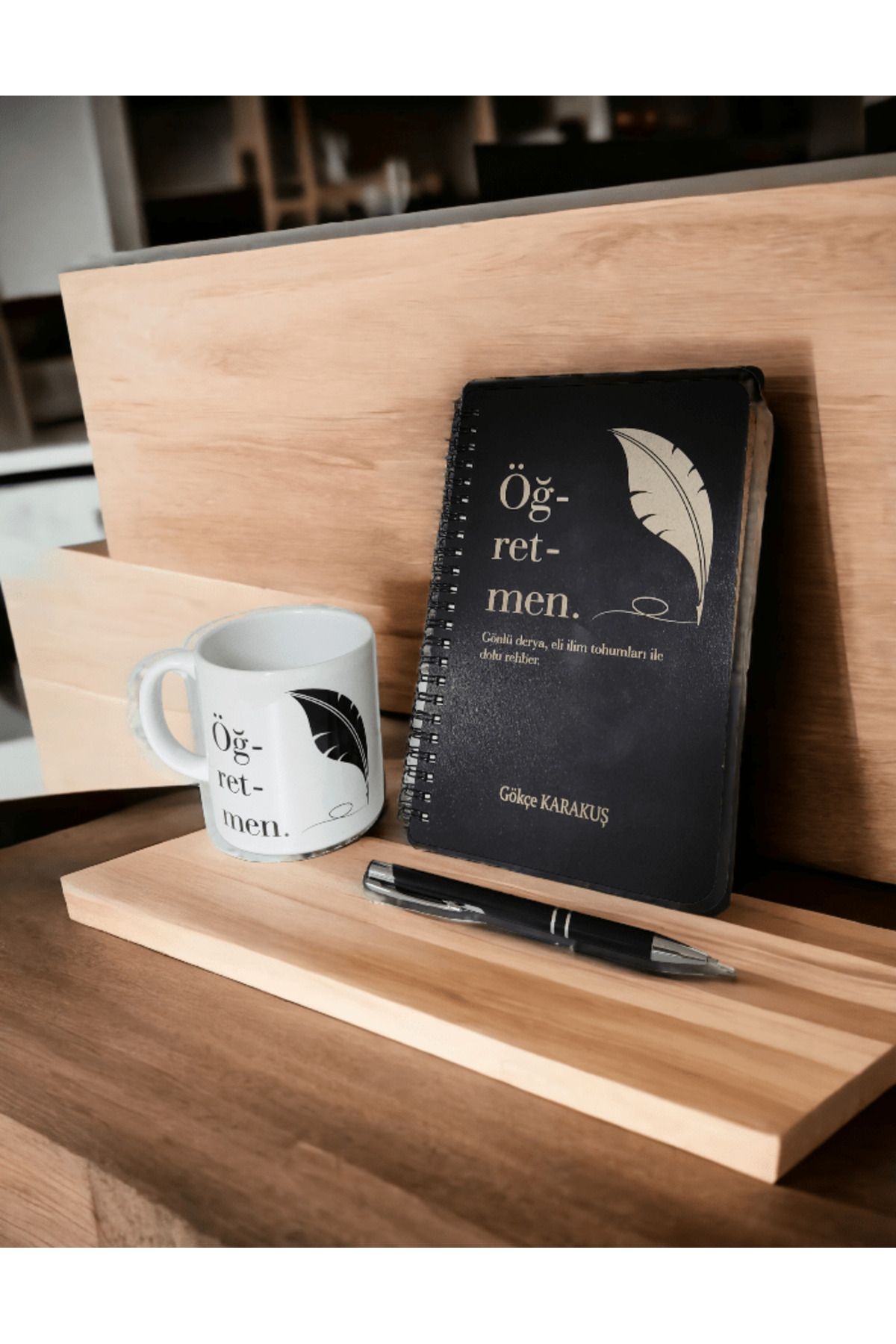 Öğretmenler Günü Hediyesi Ahşap Kapaklı Defter Kalem ve Bardak Seti