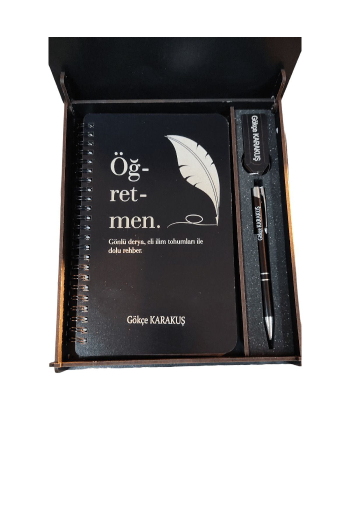 Kişiye Özel Öğretmenler Günü Hediyesi Kutulu Ahşap Kapaklı Defter Kalem ve Anahtarlık Seti