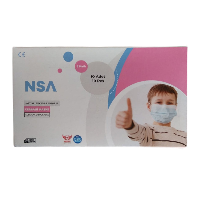 NSA 3 Katlı Koruyucu Çocuk Yüz Maskesi 10 Adet Beyaz