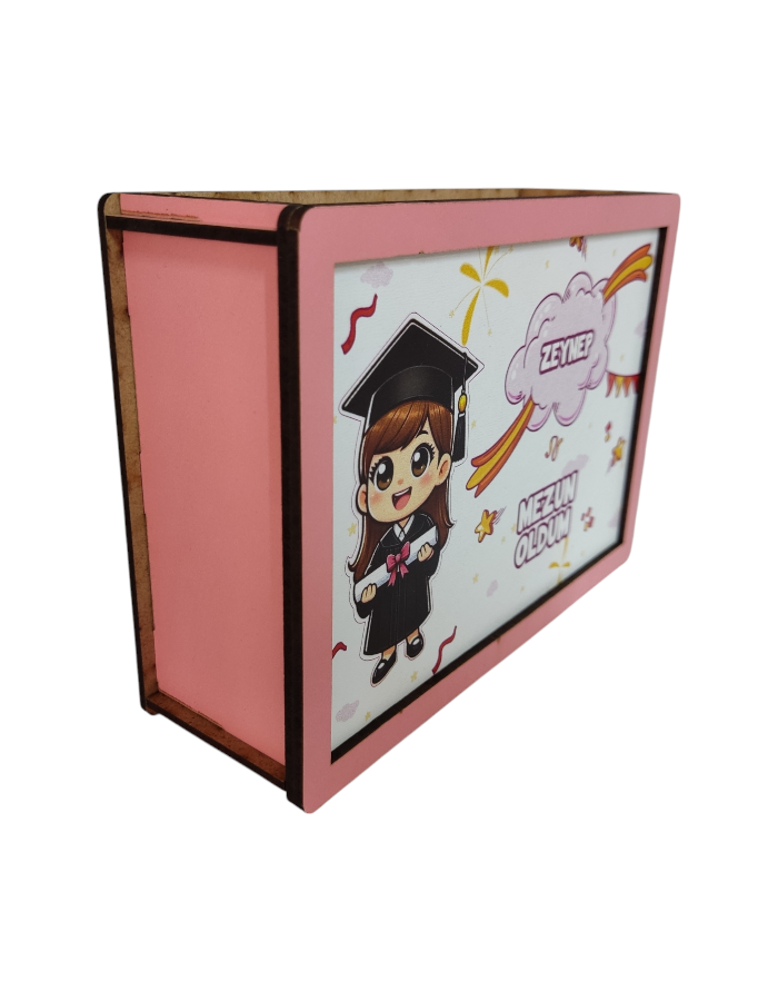 Mezuniyet Hediyesi Uv Baskılı Ahşap Kumbara Kalemlik Set 4 Parça