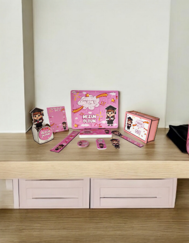 Mezuniyet Hediyesi Uv Baskılı Ahşap Kumbara Kalemlik Set 10 Parça