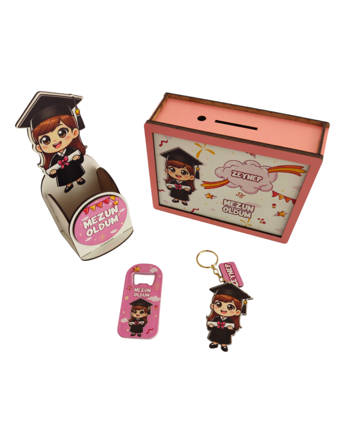 Mezuniyet Hediyesi Uv Baskılı Ahşap Kumbara Kalemlik Set 4 Parça