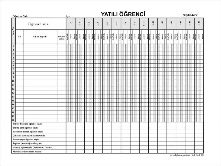 Yatılı Öğrenci Yoklama Defteri