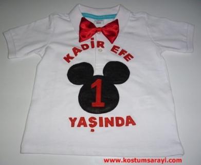 Mickey Mouse Keçe Aplikeli Doğum Günü Temalı Lakos Tişört