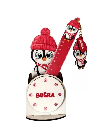 Karne Hediyesi Kardan Adamlı Ahşap Kalemlik