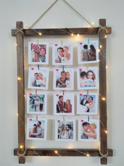 Kişiye Özel 12 Fotoğraflı Led Işıklı Mandallı Ahşap Fotoğraf Çerçevesi