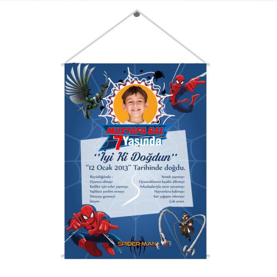Kişiye Özel Spiderman Temalı Doğum Günü Afişi Kumaş Baskı (30x42cm)
