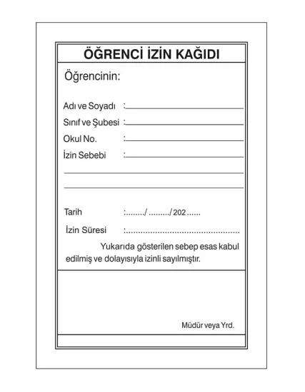 Öğrenci İzin Kağıdı 100’lük Blok 10 Adet