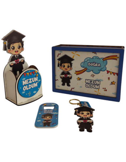 Mezuniyet Hediyesi Uv Baskılı Ahşap Kumbara Kalemlik Set 4 Parça