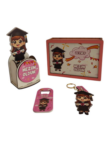Mezuniyet Hediyesi Uv Baskılı Ahşap Kumbara Kalemlik Set 4 Parça