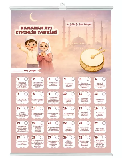 Çocuklar İçin 30 Günlük Ramazan Etkinlik Takvimi ve Oruç Çizelgesi 35x50cm