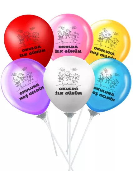 Okulda İlk Günüm Çubuklu Baskılı Balon Karışık Renkli (10 Adet)