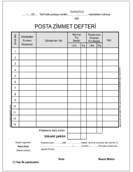 Posta Zimmet Defteri ( Adi / Taahhütlü ) ( 1 + 2 Suret ) ( Otocopili )