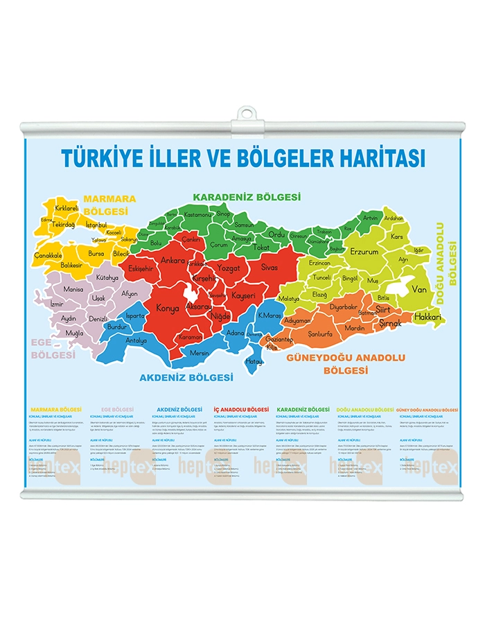 Türkiye İller ve Bölgeler Haritası (Detaylı) Çıtalı 80x100 cm Branda Baskı