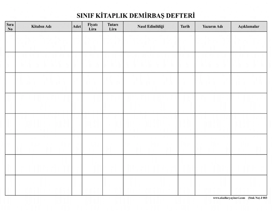 Sınıf Kitaplik Demirbaş Defteri (100 Sayfalık)