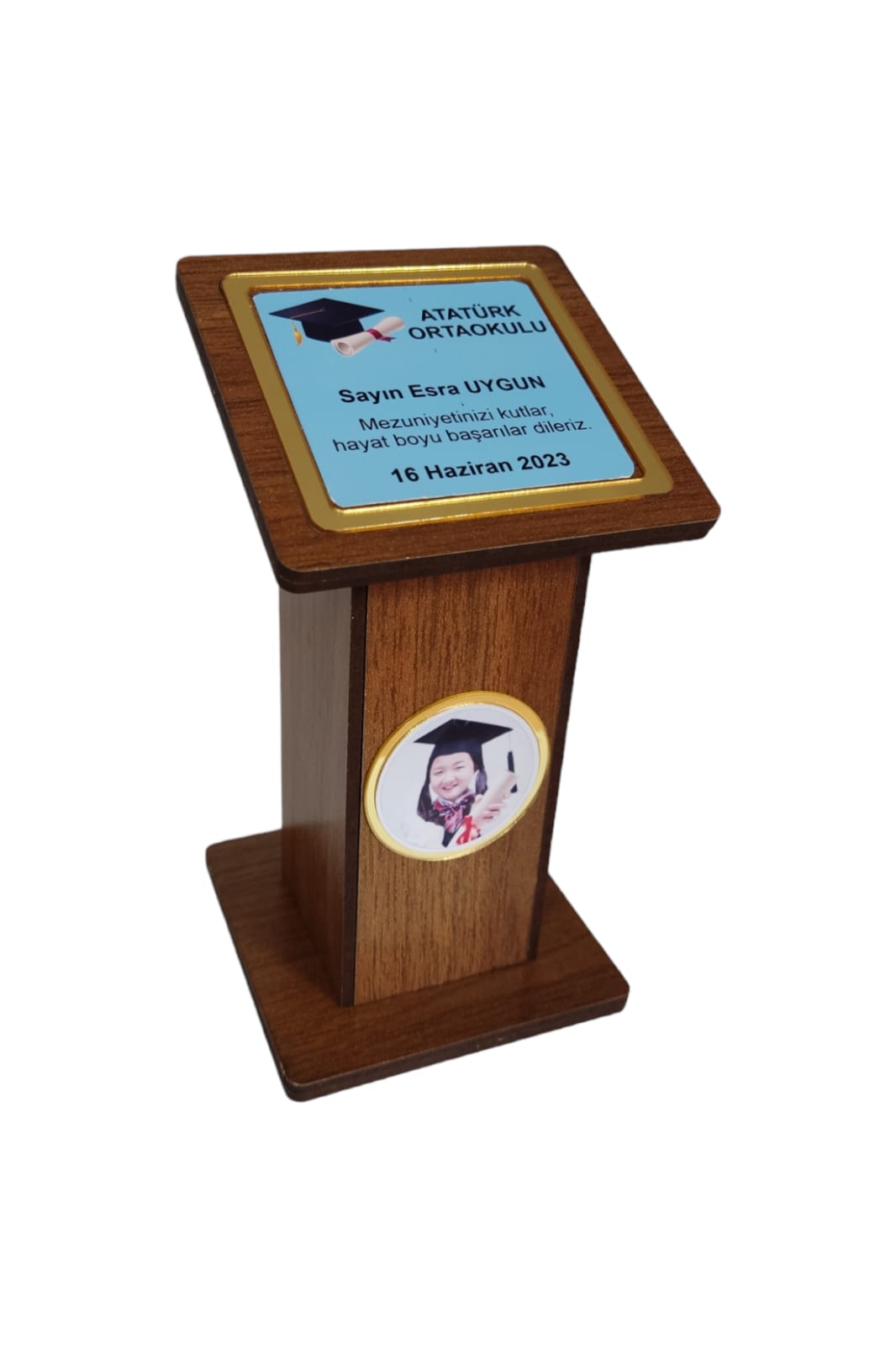 Kişiye Özel Mezuniyet Hatırası Ahşap Plaket Kürsü